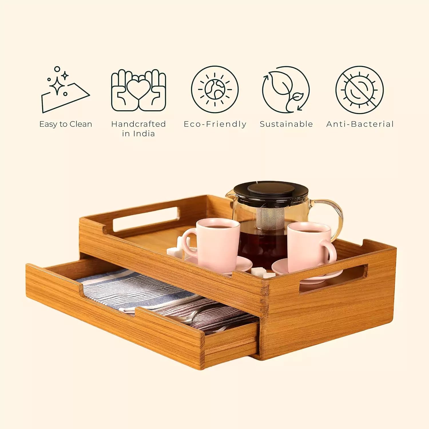 Cresta Serving Tray with Multipurpose Drawer (Teak Wood)