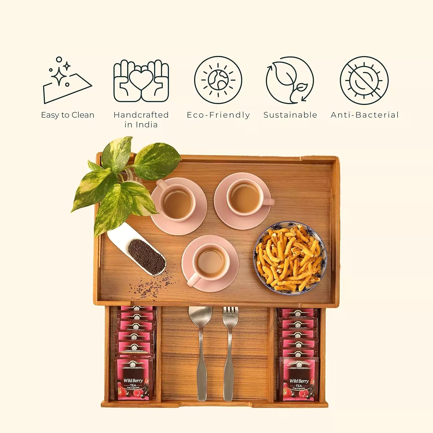 Cresta Serving Tray with Teabags Drawer (Teak Wood)