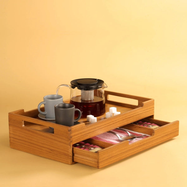 Cresta Serving Tray with Teabags Drawer (Teak Wood)