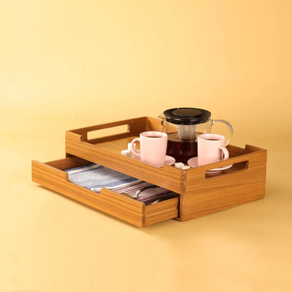 Cresta Serving Tray with Multipurpose Drawer (Teak Wood)