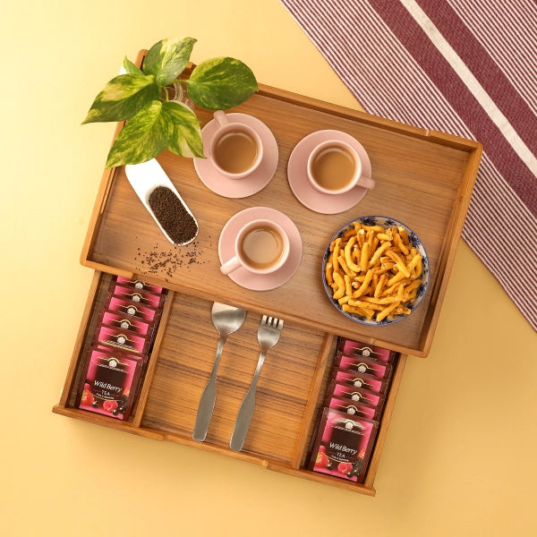 Cresta Serving Tray with Teabags Drawer (Teak Wood)