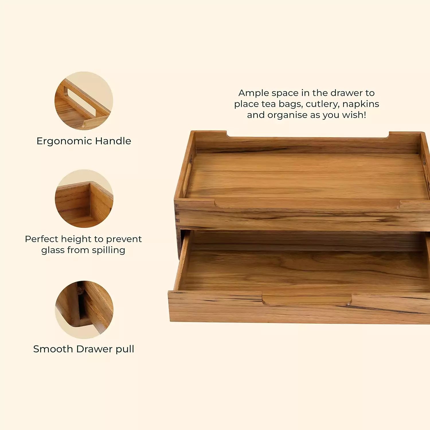 Cresta Serving Tray with Multipurpose Drawer (Teak Wood)