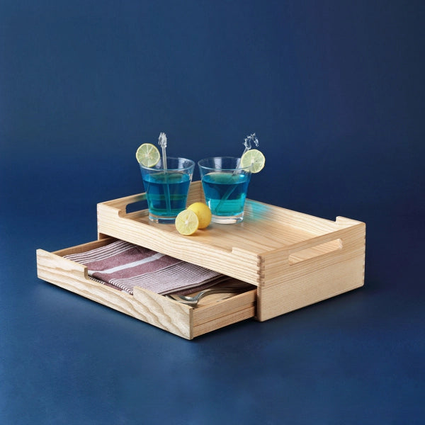 Cresta Serving Tray with Multipurpose Drawer (Ash Wood)